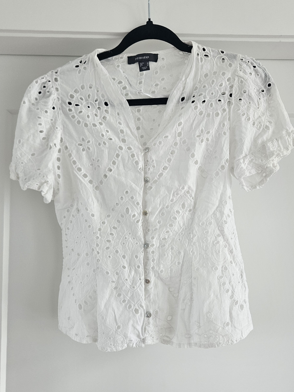 Primark White Eyelet Button-Up Puff Sleeve Blouse